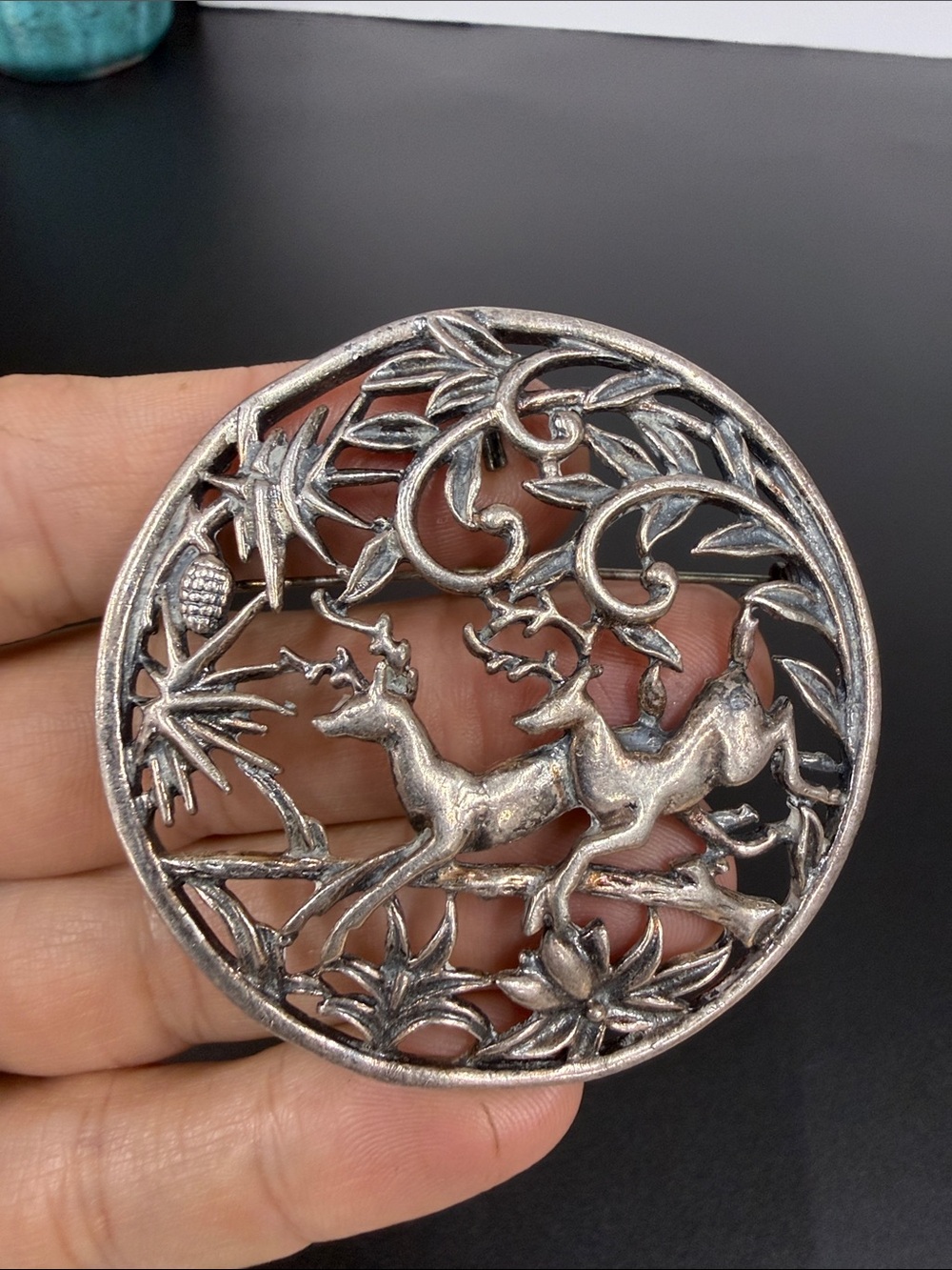 Silver-Tone Deer Filigree Brooch - Elegant Round Nature Pin